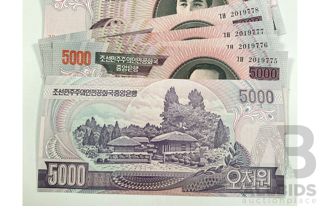 Twenty Seven North Korea UNC Five Thousand Won Banknotes, Consecutive 2019774 - 2019800