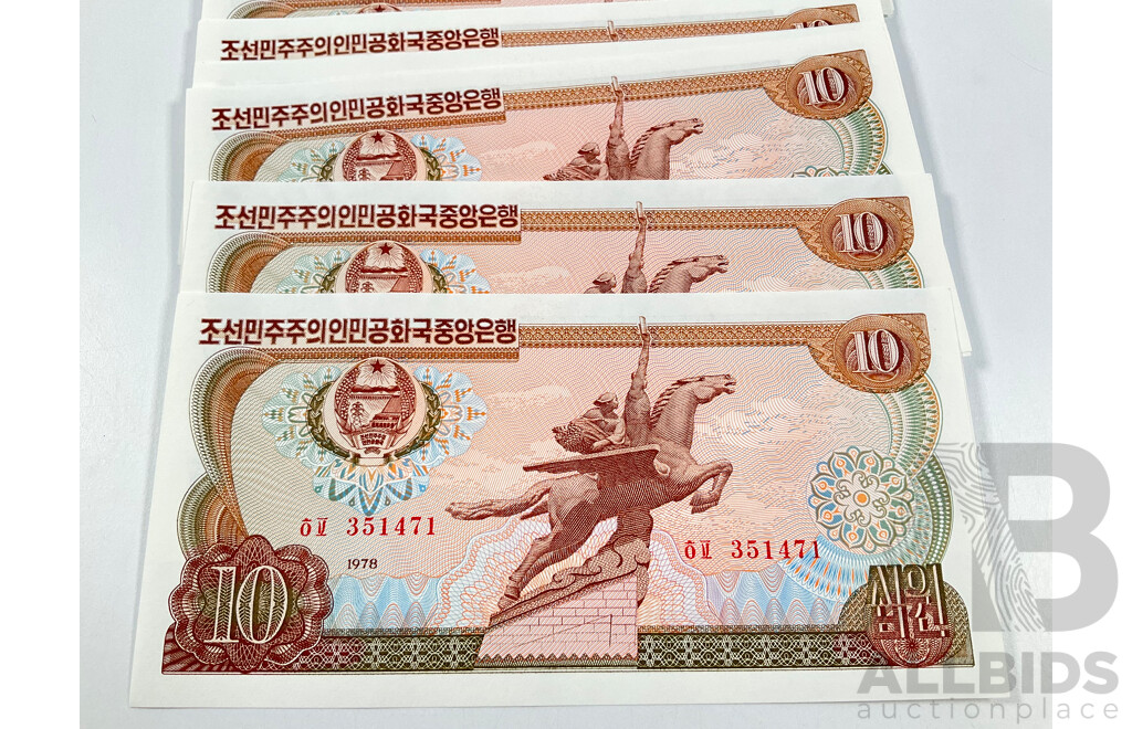 Twenty North Korea 1978 UNC Ten Won Banknotes, Consecutive 351452 - 351471
