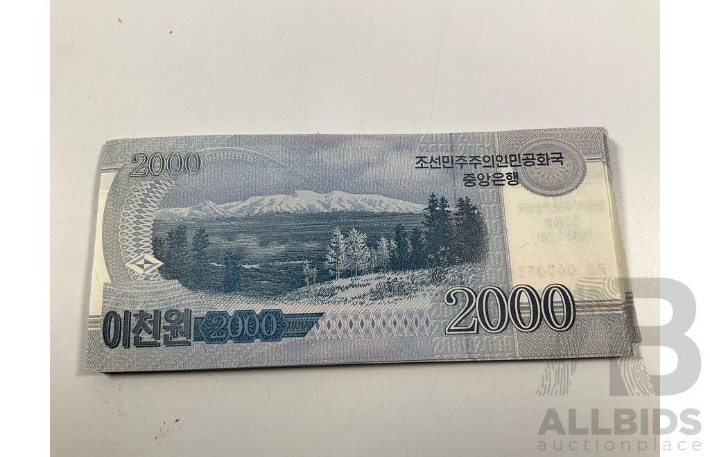 Twenty Four North Korean UNC Two Thousand Won Banknotes, 70th Anniversary of the DPRK, Consecutive 20 0070501 - 20 0070524