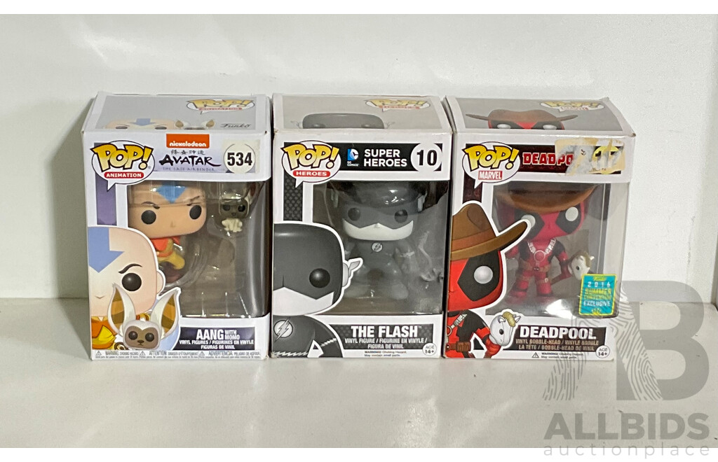 Collection of Three Funko Pop! Figures Including the Flash, Deadpool, and Aang in Original Boxes