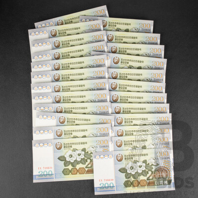 Twenty Four North Korean UNC Two Hundred Won Notes, Consecutive 716630 - 716653
