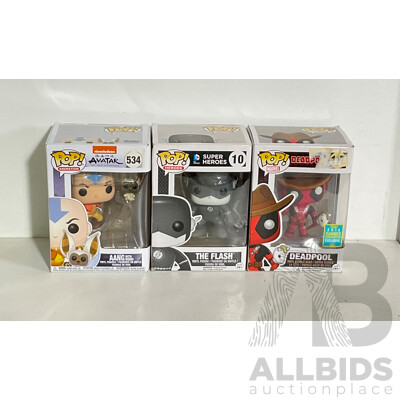 Collection of Three Funko Pop! Figures Including the Flash, Deadpool, and Aang in Original Boxes