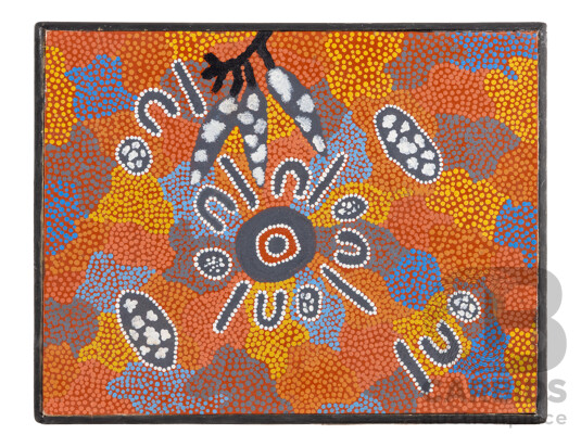 Roma Meneri (20th Century, Indigenous-Australian), Sugar Leaves, Original Vintage Acrylic on Canvas Board, 37H x 48W cm (frame)