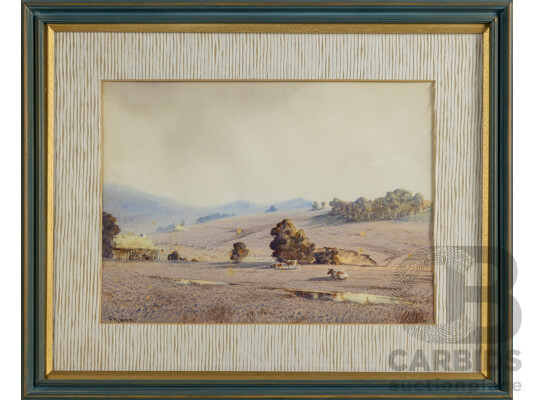 Victor Robert Watt, (19/20th Centuries, Australian, 1886-1970), Grazing Animals and Farmhouse, Lovely Original Antique Watercolour, 42 x 52 cm (frame)