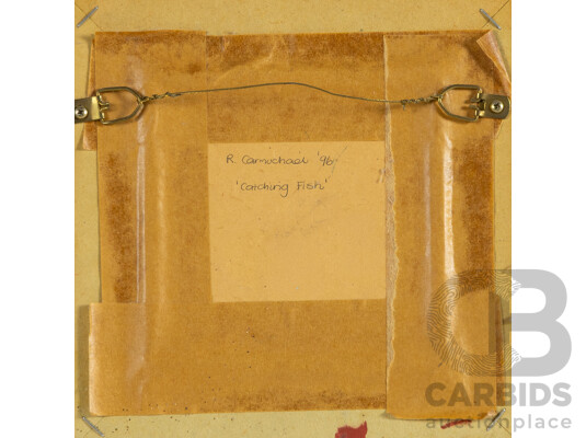 R. Carmichael (20th Century), Catching Fish (1996), Acrylic & Mixed Media on Board, 20H x 20W cm (frame)