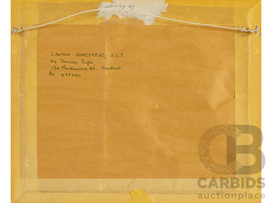 Denise Rope (20th Century, Australian), Lanyon Homestead, ACT, Vintage Pyrography on Wood Panel, 30H x 35W cm (frame)