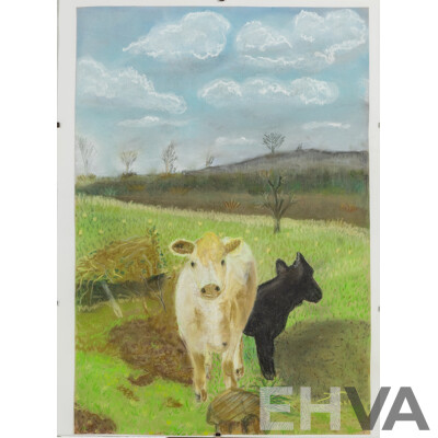 Martha Catalina Flores (20th Century, Mexican), Tawny Frogmouths & Grazing Cows, Wonderful Pair of Original Pastels on Paper, 40 X 30 Cm (frames) (2)