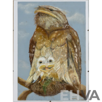Martha Catalina Flores (20th Century, Mexican), Tawny Frogmouths & Grazing Cows, Wonderful Pair of Original Pastels on Paper, 40 X 30 Cm (frames) (2)