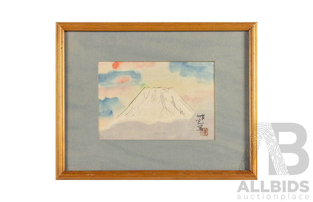 Soko (20th Century, Japanese), Mt. Fuji, Original Vintage Ink and Wash Watercolour, 32H x 42W cm (frame)