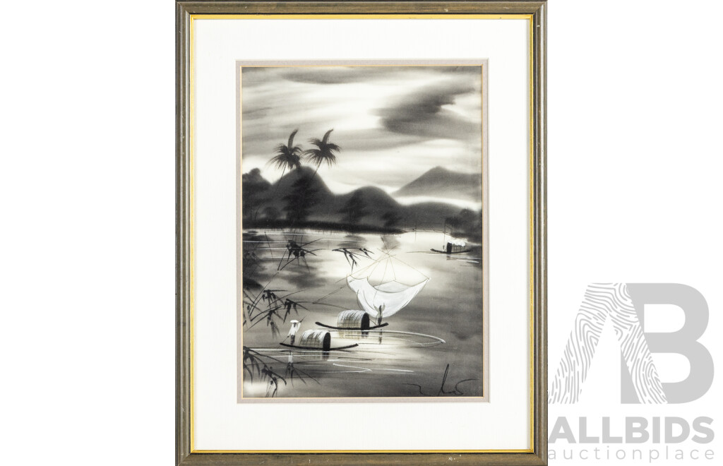 Artist Unknown (20th Century, Vietnamese School), Junks on Water, Vintage Original Silk Screen on Fabric, 42H x 21W cm (frame)