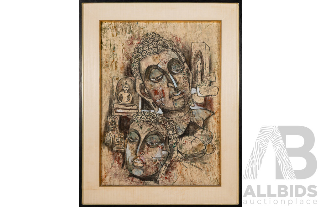 Police Lt-Colonel Ronarong Thanomtap, (20th Century, Thai, Working C2000s), Buddha Faces, Original Ink & Pigment on Fabric Panel, 72 x 56 cm