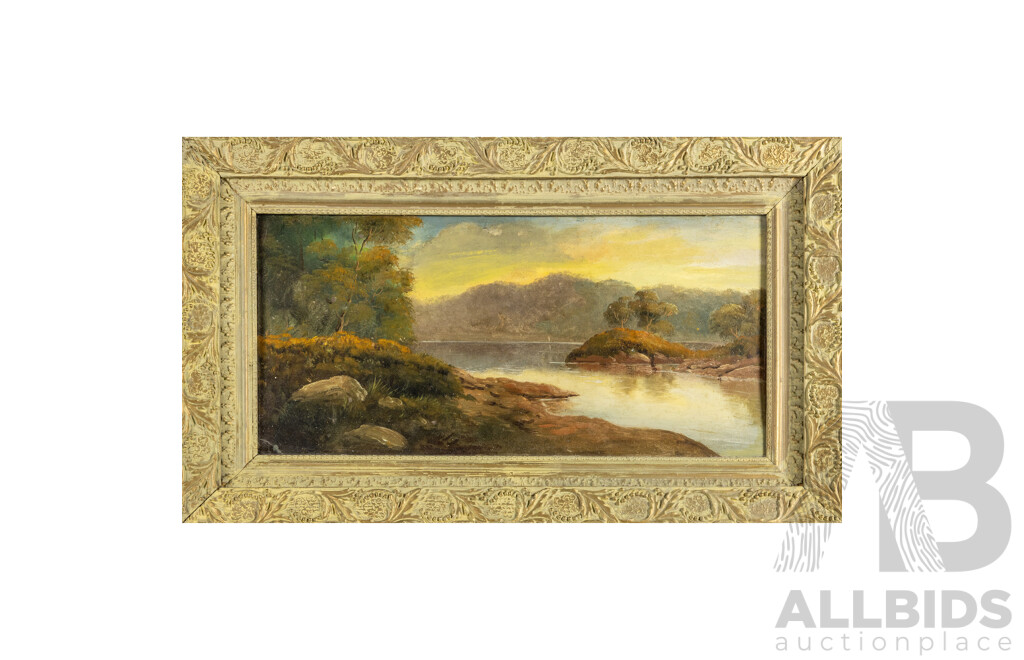 Artist Unknown, (Late Victorian/Early Edwardian, 1880-1910), Silent Waters at Sunrise, Original Antique Oil on Cardboard Academy Board Panel, 47H x 80W cm (frame)