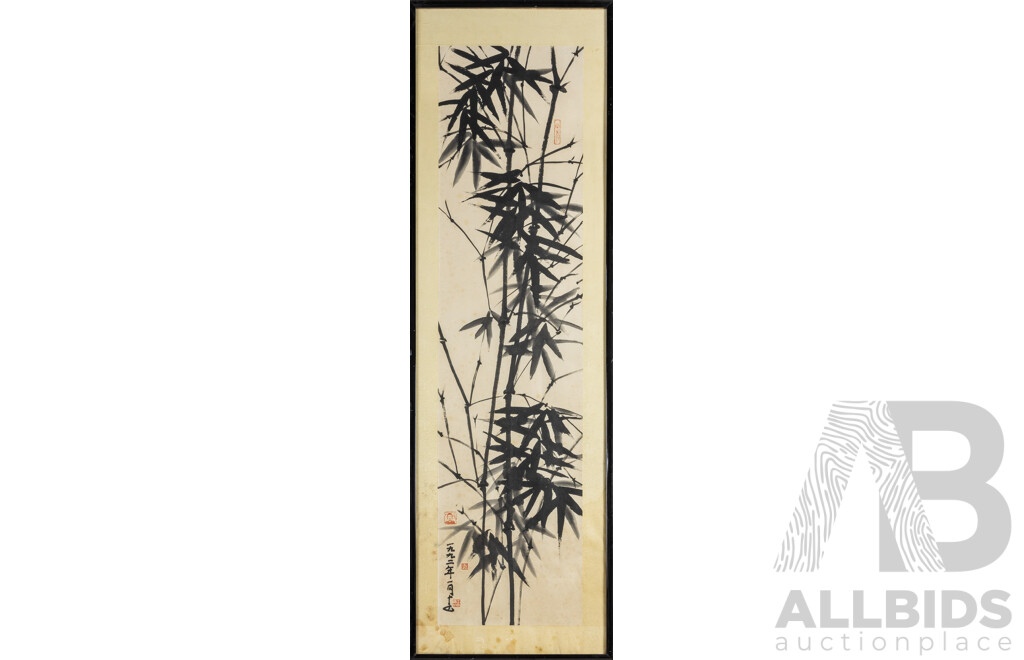 Wang Yu (20th Century, Chinese, 1946-), Bamboo - Gentleman's Grace (1992), Original Vintage Ink & Wash, 155H x 48W cm (frame)