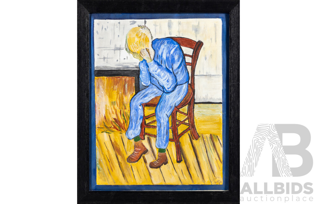 Martha Catalina Flores Guerra (20th Century, Mexican), Van Gogh Redux -'Sorrowing Old Man' (2000), Original Oil on Canvas Cloth, 40H x 32W cm (frame)