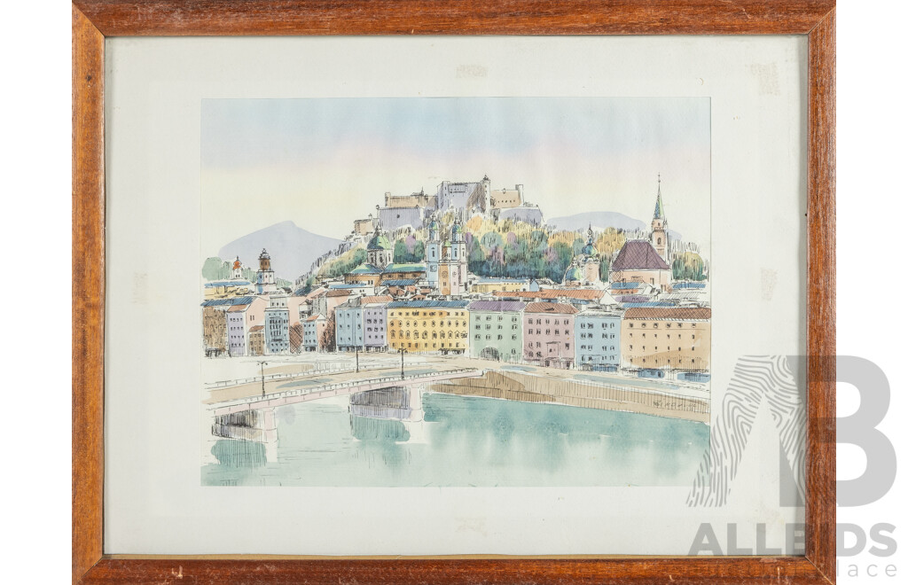Radovan Igor Zindovic (20th Century, Balkan-Born Austrian), Spired Skyline of Salzburg, Austria, (c1990s), Original Watercolour & Ink on Textured Paper, 34H x 44W cm (frame)