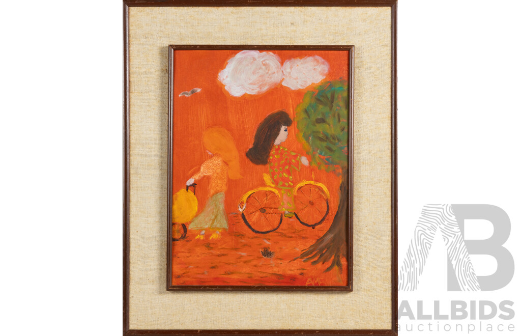 Andrea McMillan, (20th Century< Working c1970s), Girl on Bike (1971), Wonderful Original Oils on Canvas, 52 x 43 cm (frame)