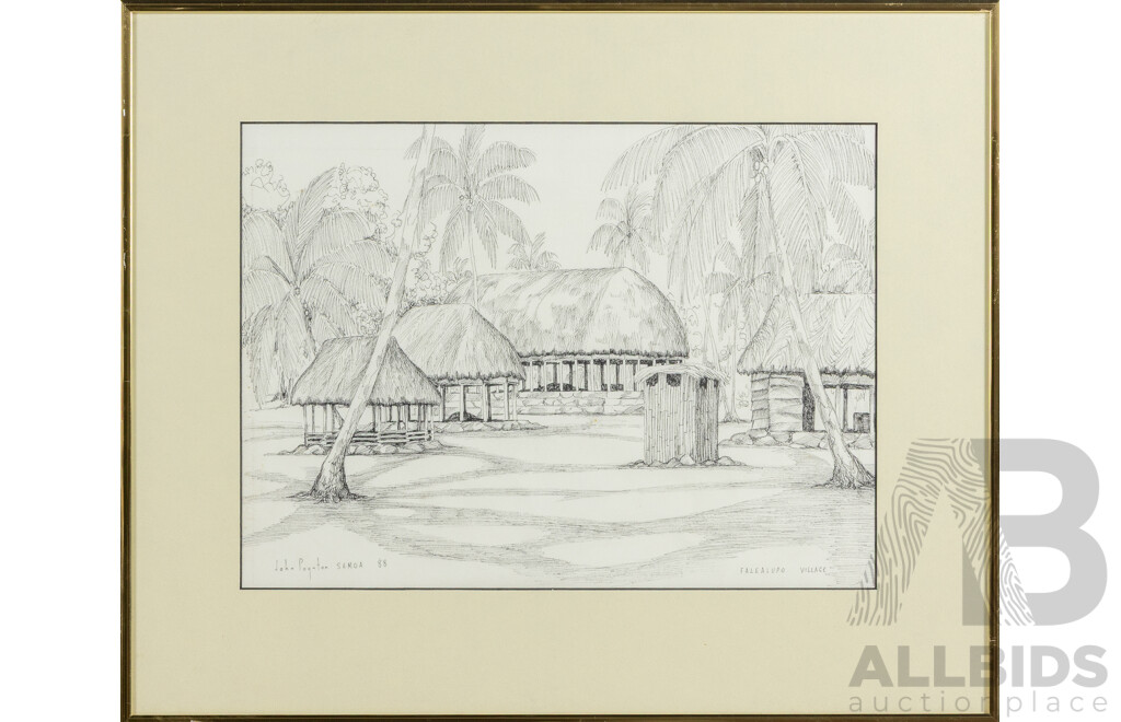 John Poynton, (20th Century, British-Born Samoan,?-2010), Falealupo Village, Samoa (1988), Ink on Card, 43 x 52 cm (frame)