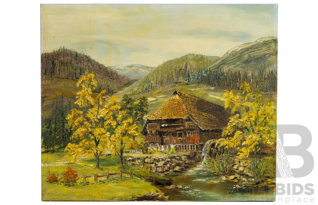 L.Cullance, (20th Century), Secluded Wood Home with Water Mill and Autumn Trees, Original Vintage Acrylic on Canvas, 50.5 x 60.5 cm