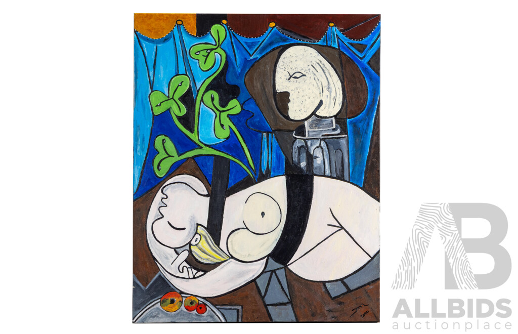 Martha Catalina Flores (20th Century, Mexican), Nude, Green Leaves & Bust Redux, Absolutely Wonderful Oil on Canvas Reproduction After Original Picasso (c1932), 76 x 61 cm