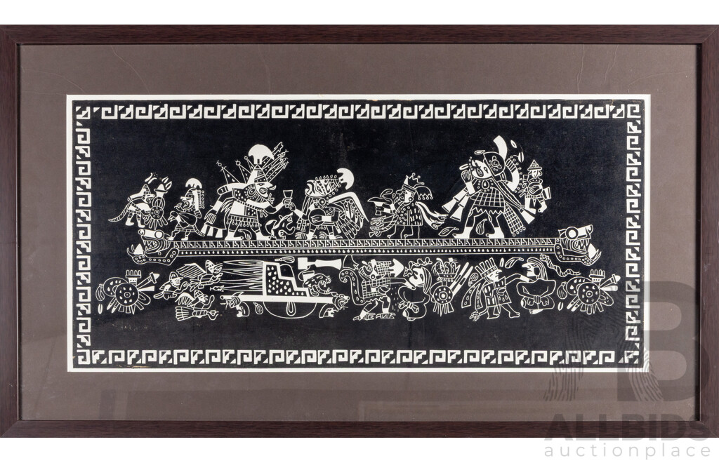 Pedro Puerta (20th Century, Peruvian, Working c1970-80s, 1934-?), Mochica 'Sacrifice Ceremony', Wonderful Original Vintage Linocut, 59 x 101 cm (frame)