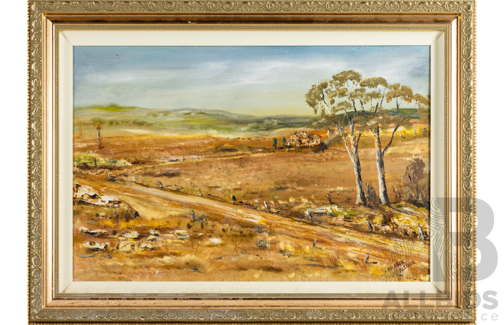 Frank Alcock, (20th Century, Australian), Dirt Track Home, Wonderful Original Vintage Oil on Board, 75W x 55H cm (frame)