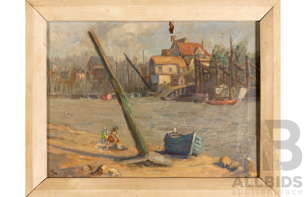 D.Treweeks, (Early 20th Century), Children Playing by Water's Edge, Antique Oil on Canvas Cloth, 36H x 46W cm (frame)