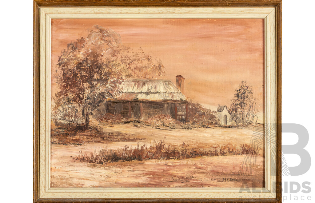 M.Green, (20th Century, Australian), Pink Sunset Over Lone Cottage, Original Vintage Oil on Canvas Board, 36H x 43W cm (frame)