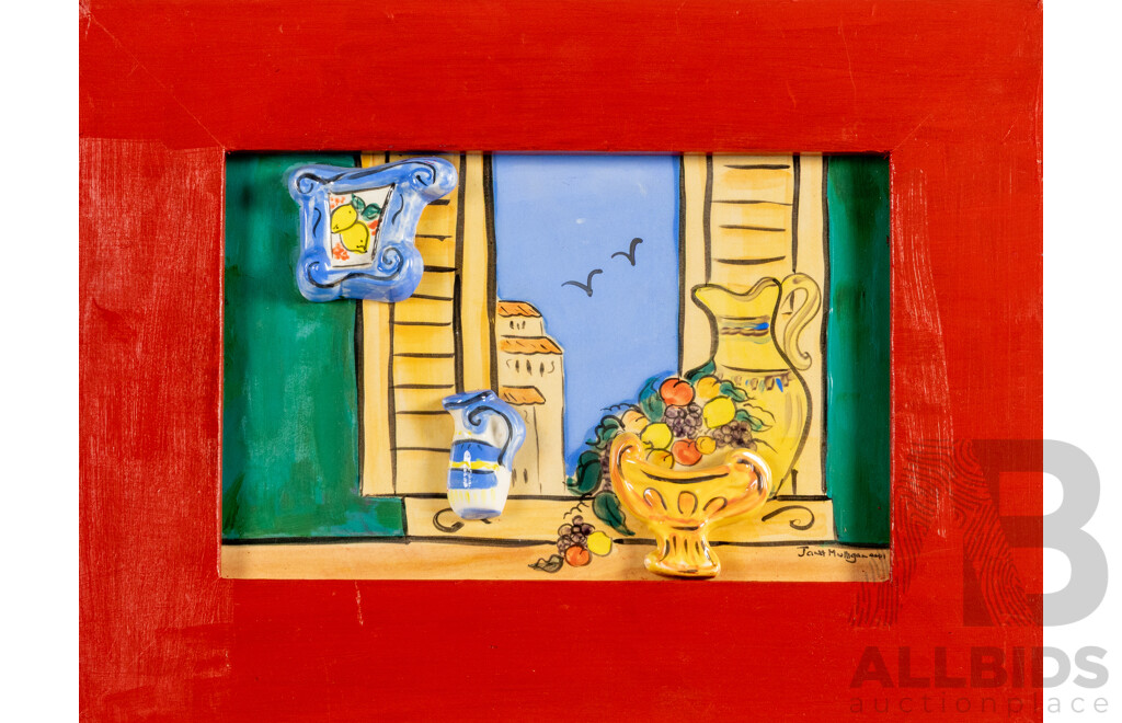 Janet Mulligan (20th Century), Window to the Mediterranean, Original 3D Handpainted Ceramic Mixed Media Relief, 31H x 41W cm (frame)