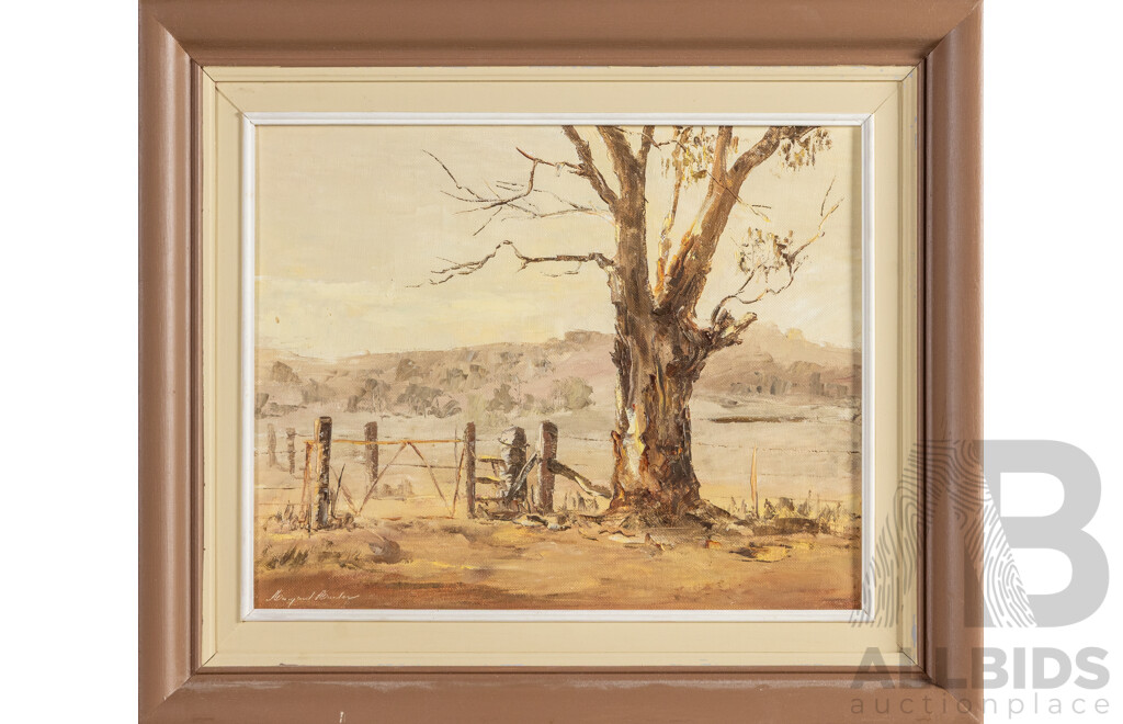 Margaret Burton (20th Century, Australian), Ghost Gum at Dawn, Original Vintage Oil on Canvas Panel, 45H x 52W cm (frame)
