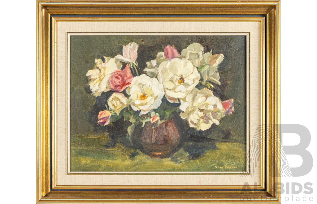 Sylvia Pollett (20th Century, Australian), Roses, Original Vintage Oil on Canvas Board, 52H x 62W cm (frame)