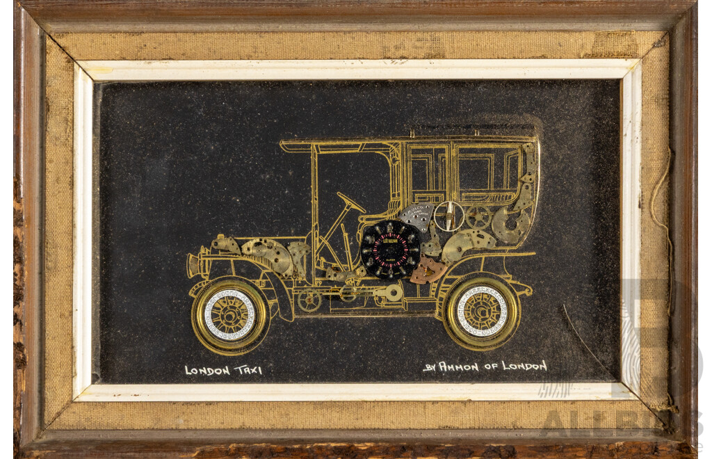 P.L.J. Ammon, (20th Century, British), London Taxi, Vintage Horological Collage, 21H x 32W cm (frame)
