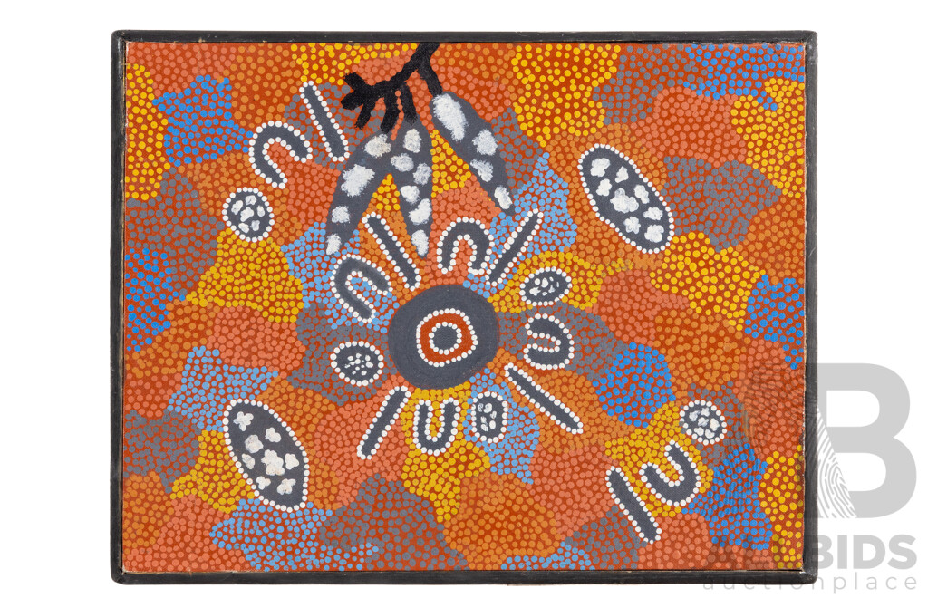 Roma Meneri (20th Century, Indigenous-Australian), Sugar Leaves, Original Vintage Acrylic on Canvas Board, 37H x 48W cm (frame)