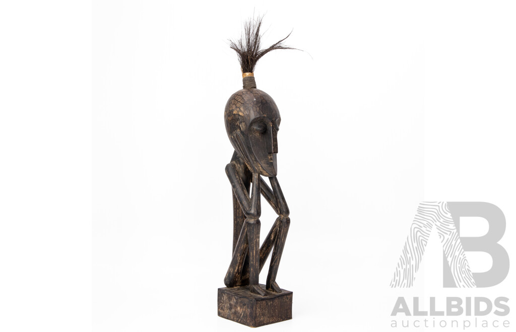 Artist Unknown (20th Century), Crouching Ancestral African Thinker Sculpture, Vintage Hand Carved Wood & Animal Hair, 62H cm (with hair)
