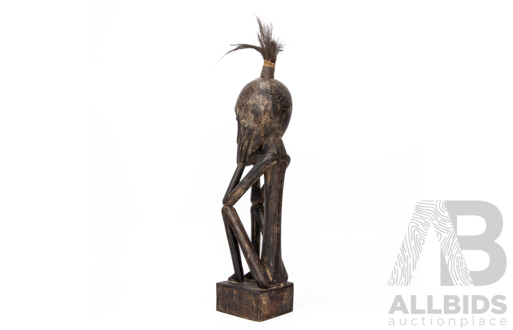 Artist Unknown (20th Century), Crouching Ancestral African Thinker Sculpture, Vintage Hand Carved Wood & Animal Hair, 62H cm (with hair)