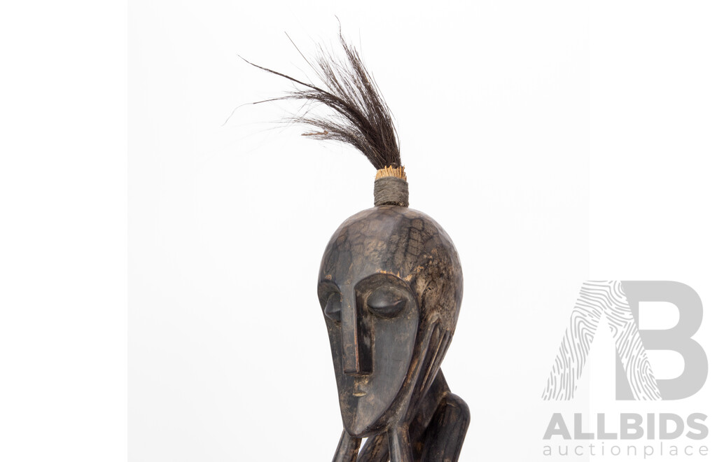 Artist Unknown (20th Century), Crouching Ancestral African Thinker Sculpture, Vintage Hand Carved Wood & Animal Hair, 62H cm (with hair)