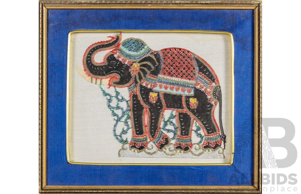 Artist Unknown (20th Century, Thai), Vintage Hand Crafted Hammered & Painted Leather Decorative Elephant, 28H x 32W cm (frame)