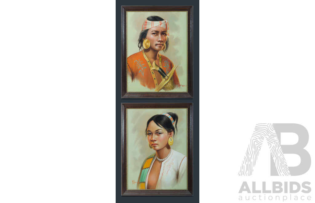 F. Arcega, (20th Century, Filipino), Young Filipino Man & Woman in Traditional Dress (1980), Pair of Original Vintage Oil on Canvas Cloths, 68 x 53 cm (frames) (2)