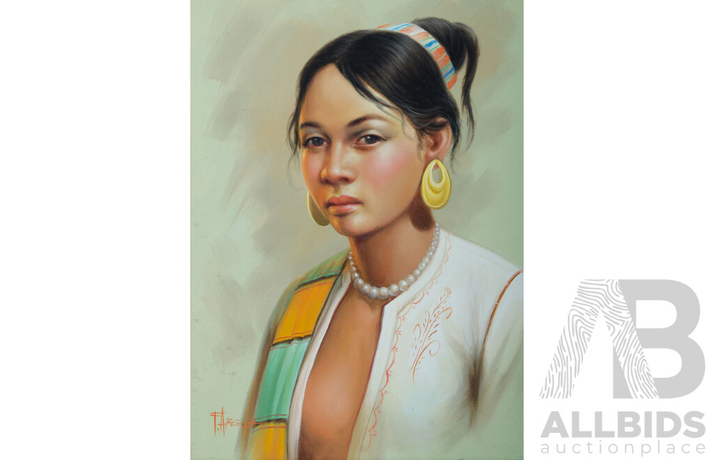 F. Arcega, (20th Century, Filipino), Young Filipino Man & Woman in Traditional Dress (1980), Pair of Original Vintage Oil on Canvas Cloths, 68 x 53 cm (frames) (2)