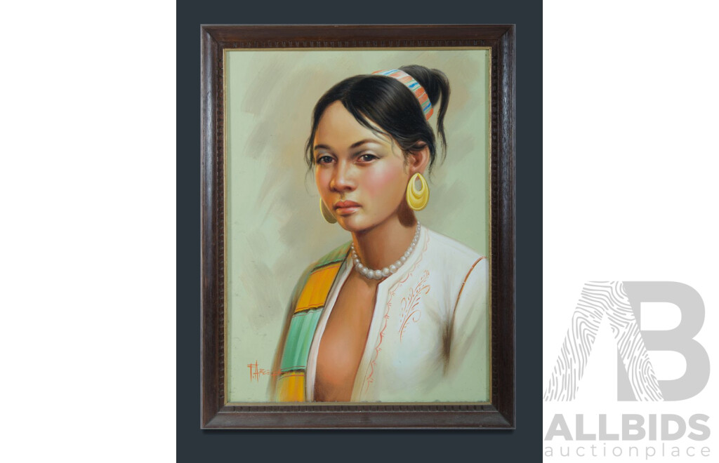 F. Arcega, (20th Century, Filipino), Young Filipino Man & Woman in Traditional Dress (1980), Pair of Original Vintage Oil on Canvas Cloths, 68 x 53 cm (frames) (2)