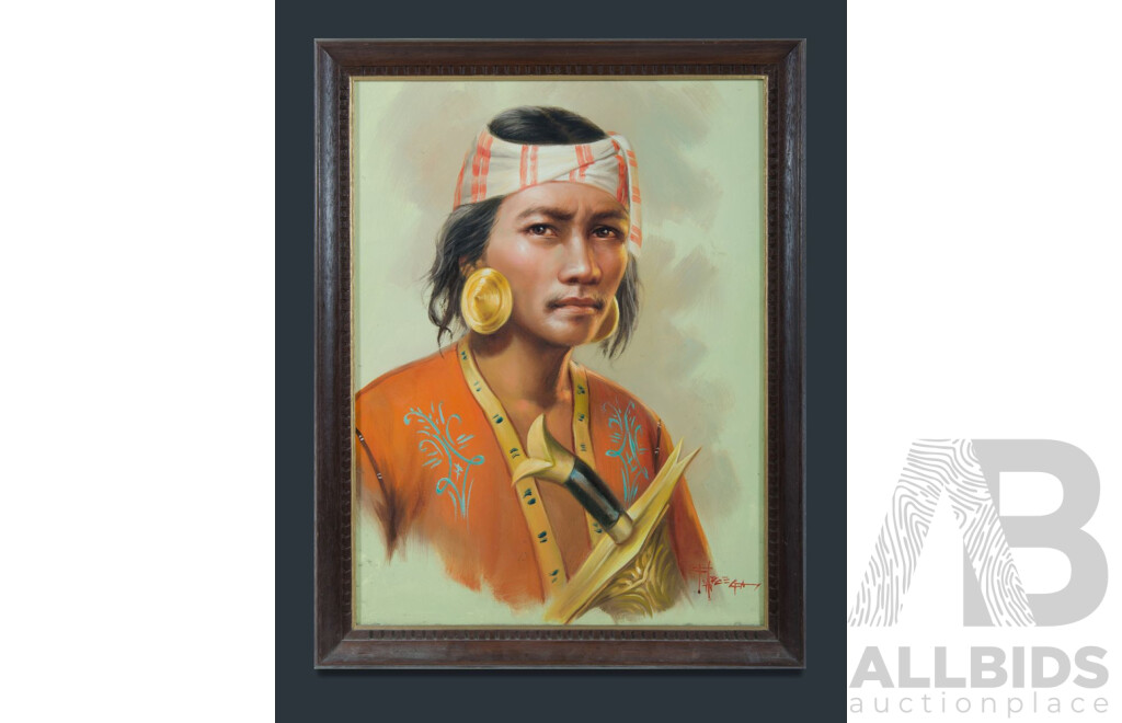 F. Arcega, (20th Century, Filipino), Young Filipino Man & Woman in Traditional Dress (1980), Pair of Original Vintage Oil on Canvas Cloths, 68 x 53 cm (frames) (2)