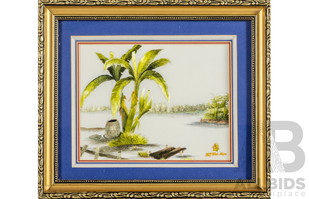 Artist Unknown, (20th Century, Vietnam), Banana Tree by River, Handcrafted Embroidered Silk [Tranh Theu Tay], 30H x 35W cm (frame)