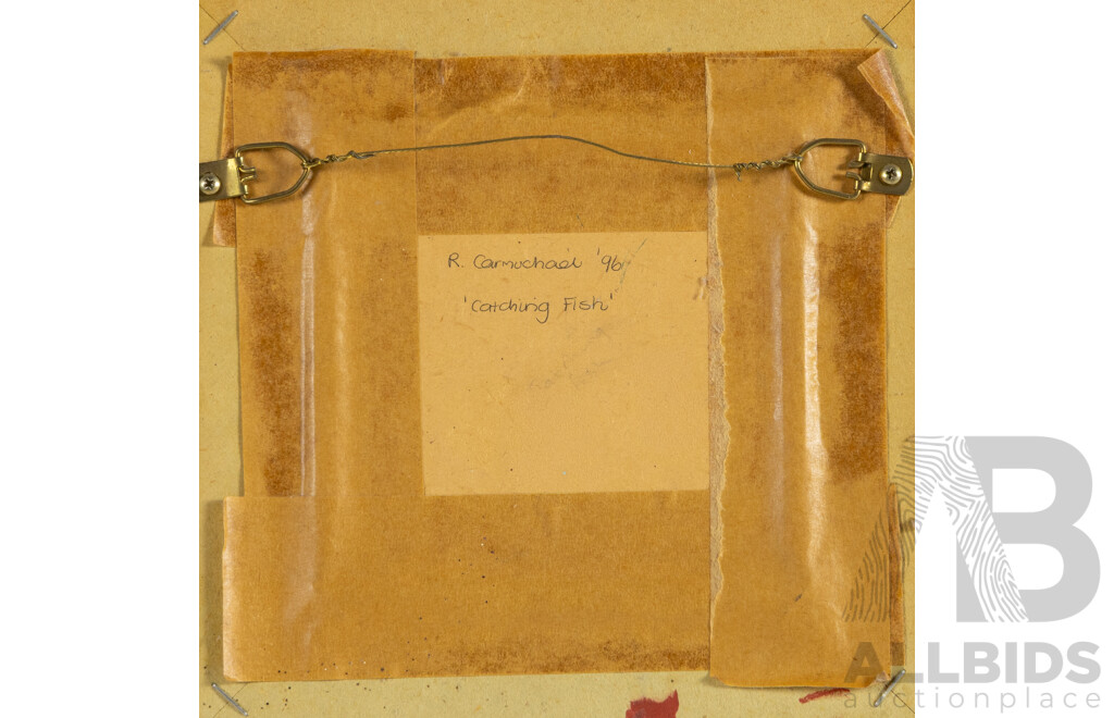 R. Carmichael (20th Century), Catching Fish (1996), Acrylic & Mixed Media on Board, 20H x 20W cm (frame)