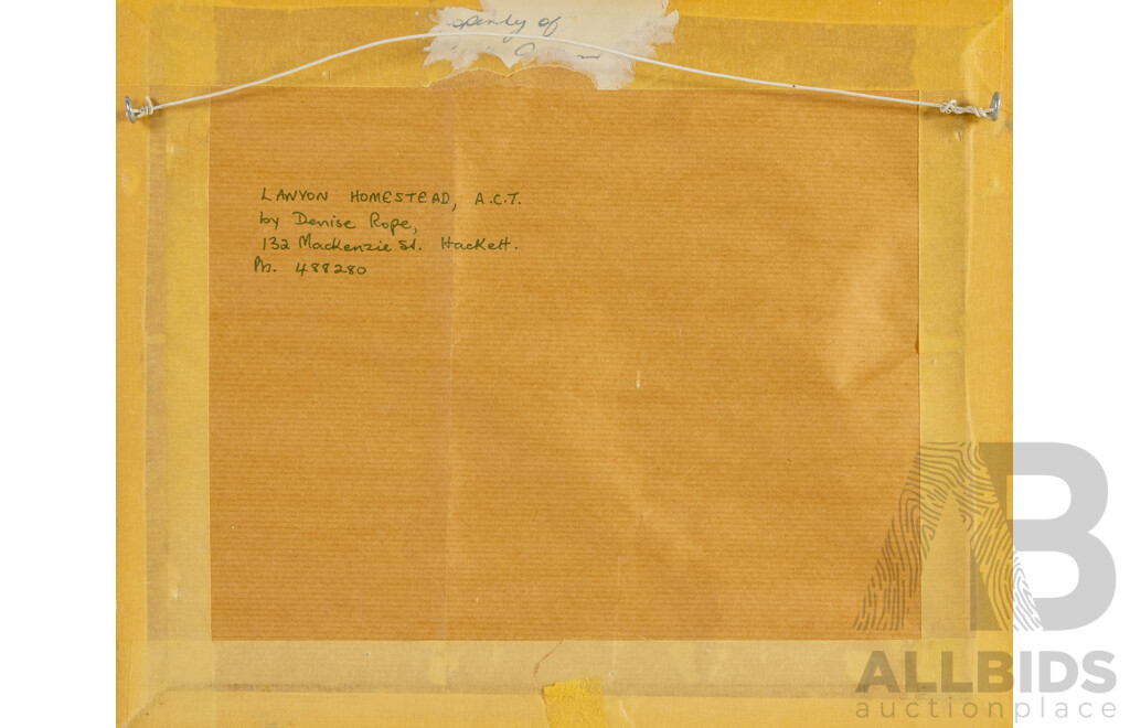 Denise Rope (20th Century, Australian), Lanyon Homestead, ACT, Vintage Pyrography on Wood Panel, 30H x 35W cm (frame)