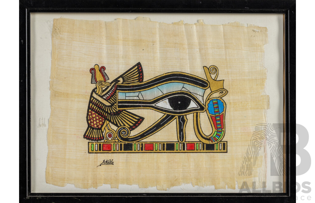 Mohamed Khedr (20th Century, Egyptian School), Eye of Horus [Wedjat], Traditional Coloured Mineral Pigments on Papyrus Panel, 23H x 32W cm (frame)