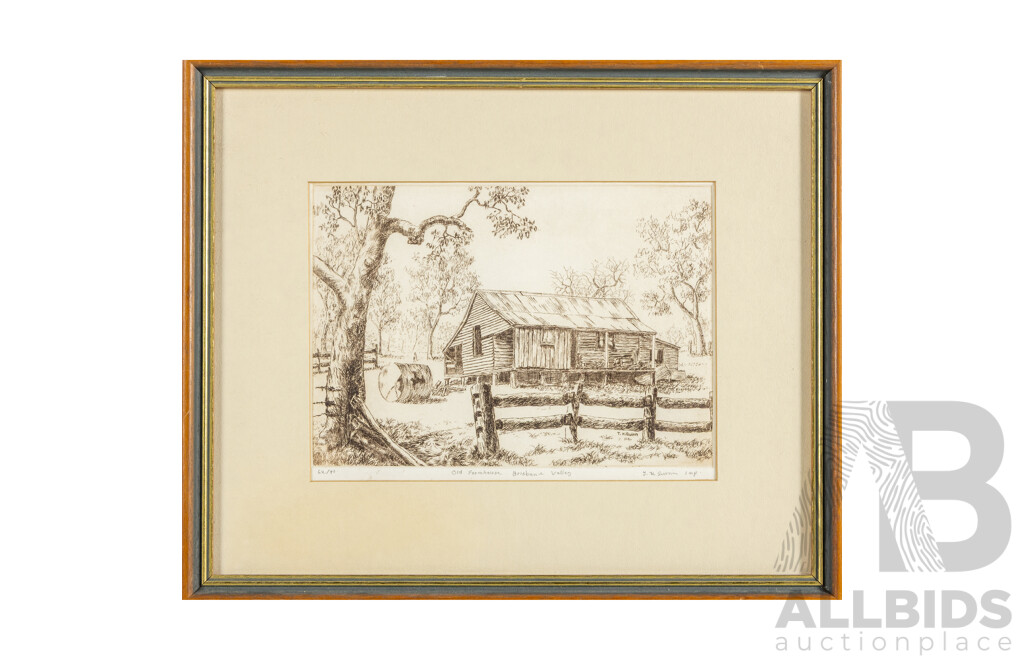 T.K Swin(?) (20th Century, Australian), Old Farmhouse, Brisbane Valley, Vintage Original Signed & Editioned Etching, 34H x 41W cm (frame)