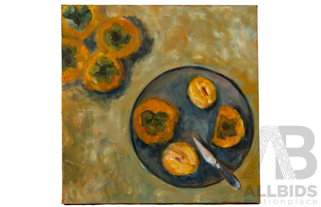 Martha Catalina Flores Guerra [MarthyKA], (20th Century, Mexican), Still Life - Fruit Bowl with Knife, Wonderful Original Acrylic on Canvas, 46 x 45 cm