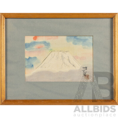 Soko (20th Century, Japanese), Mt. Fuji, Original Vintage Ink and Wash Watercolour, 32H x 42W cm (frame)