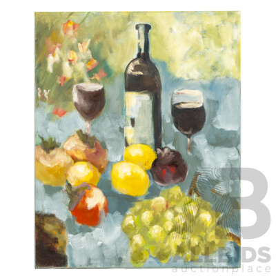 Martha Catalina Flores Guerra (20th Century, Mexican), Still Life - the Gathering Table of Wine & Fruits (2026), Wonderful Original Oil on Canvas, 50H x 40W cm