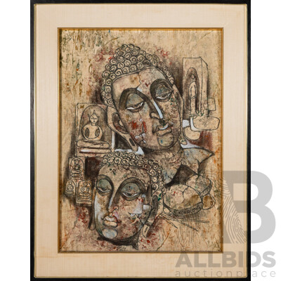 Police Lt-Colonel Ronarong Thanomtap, (20th Century, Thai, Working C2000s), Buddha Faces, Original Ink & Pigment on Fabric Panel, 72 x 56 cm