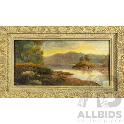Artist Unknown, (Late Victorian/Early Edwardian, 1880-1910), Silent Waters at Sunrise, Original Antique Oil on Cardboard Academy Board Panel, 47H x 80W cm (frame)